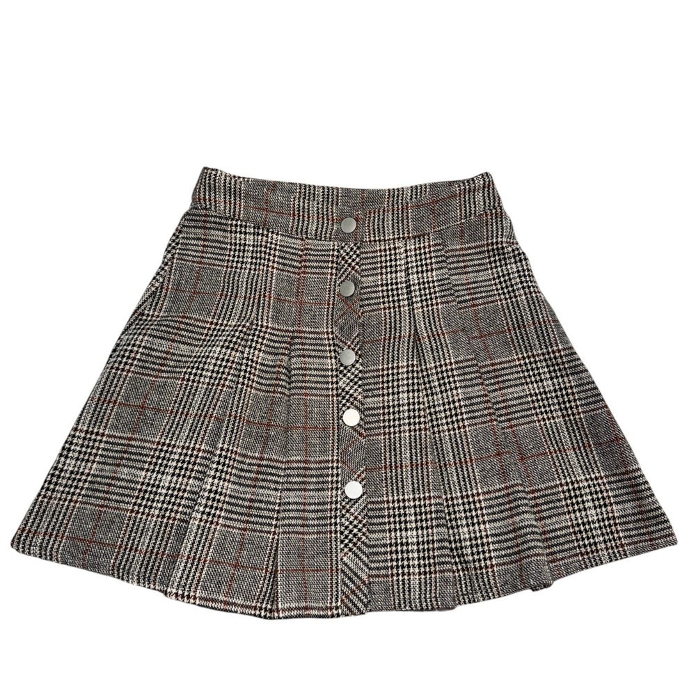 New XS Plaid Thick Knit Pleated Mini Skirt Button Front Glen Check Brown Grey - Picture 2 of 4